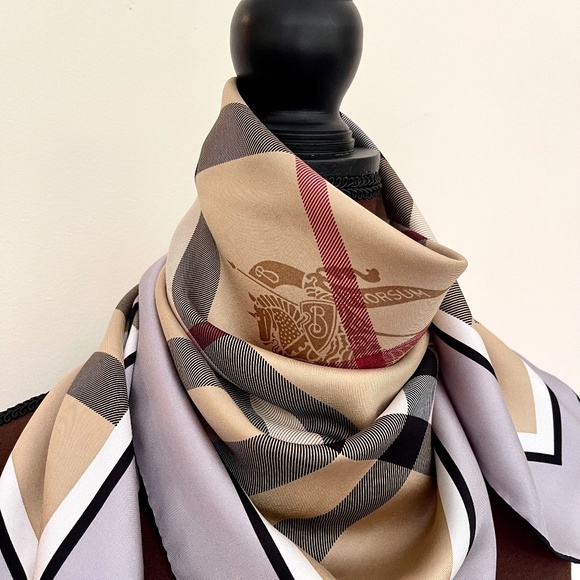 Display # 3 Burberry Scarf Classic Beige Check Gray Border Silk Wrap - Picture 1 of 15